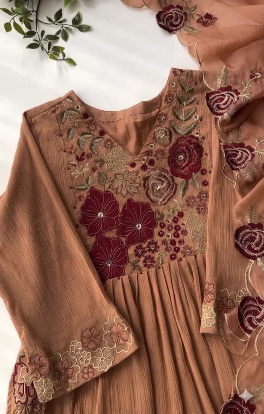 Dusty peach floral embroidery detail