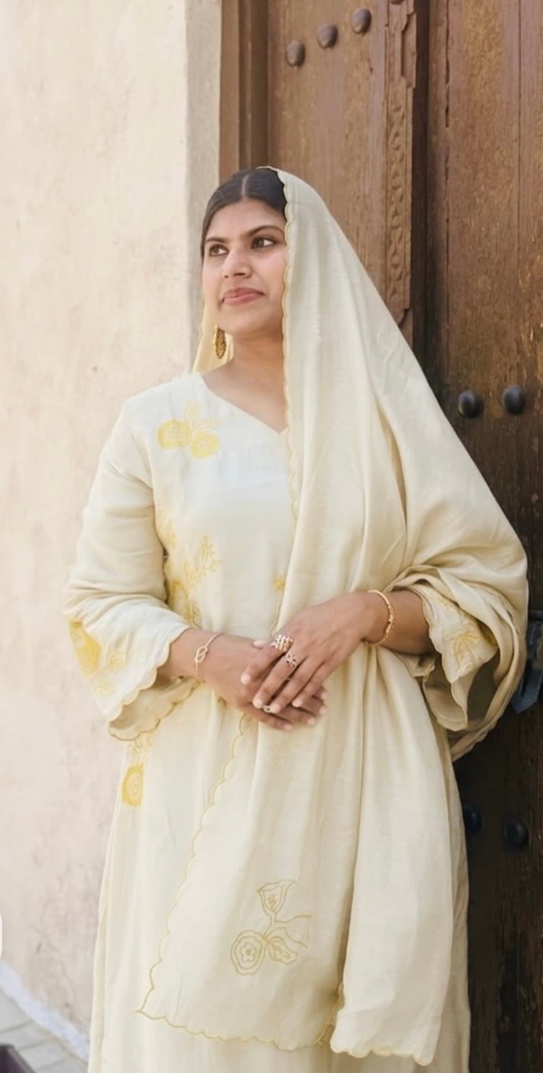 Mul chanderi aline kurtha Set