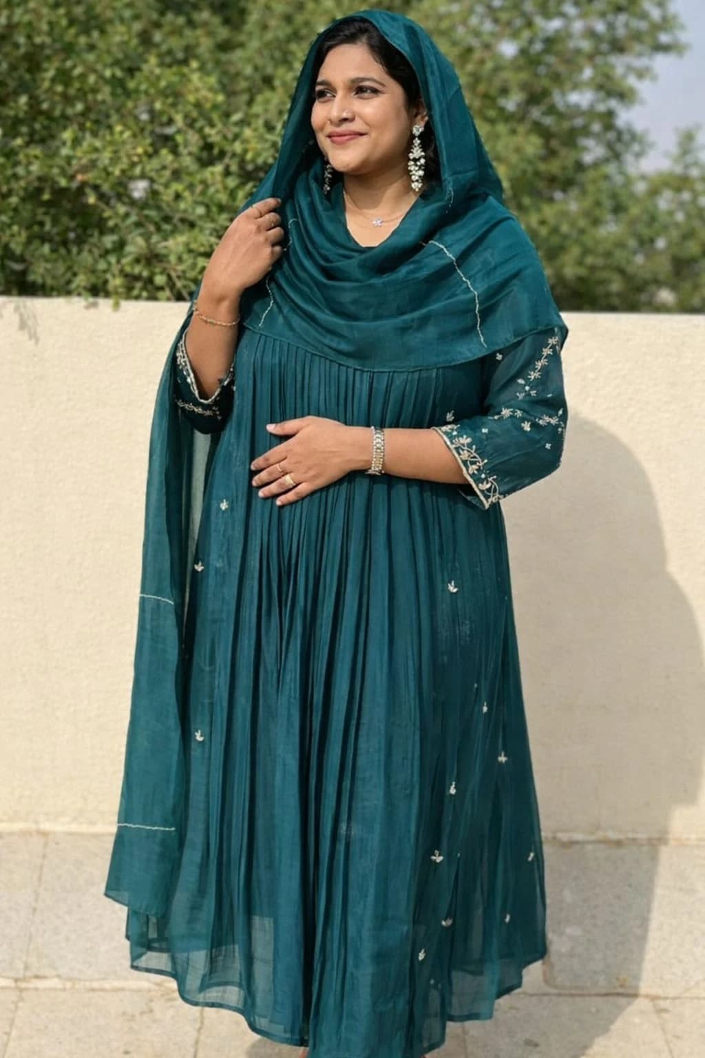 Teal Pleated Anarkali Set