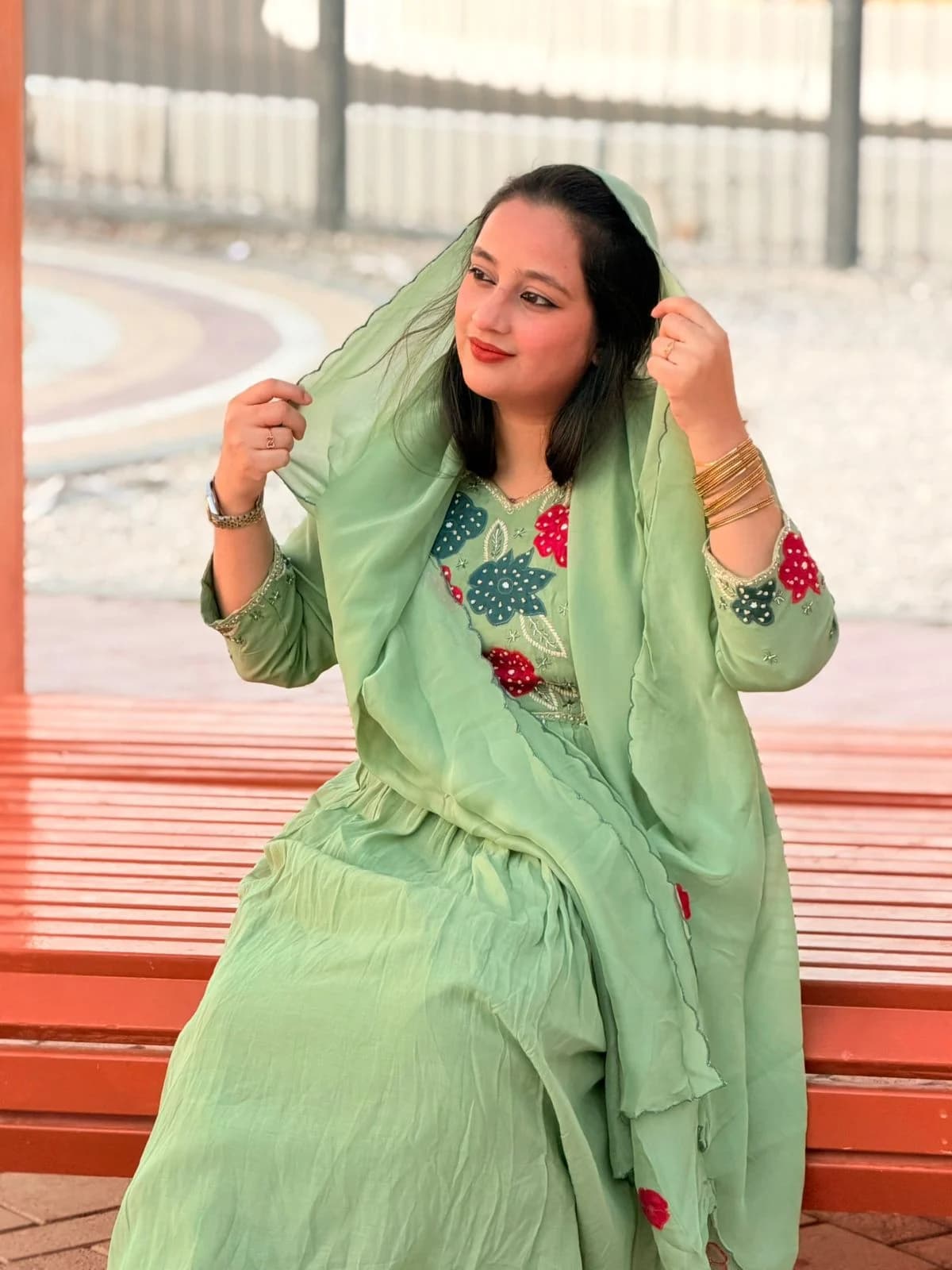 Green Floral Applique Anarkali