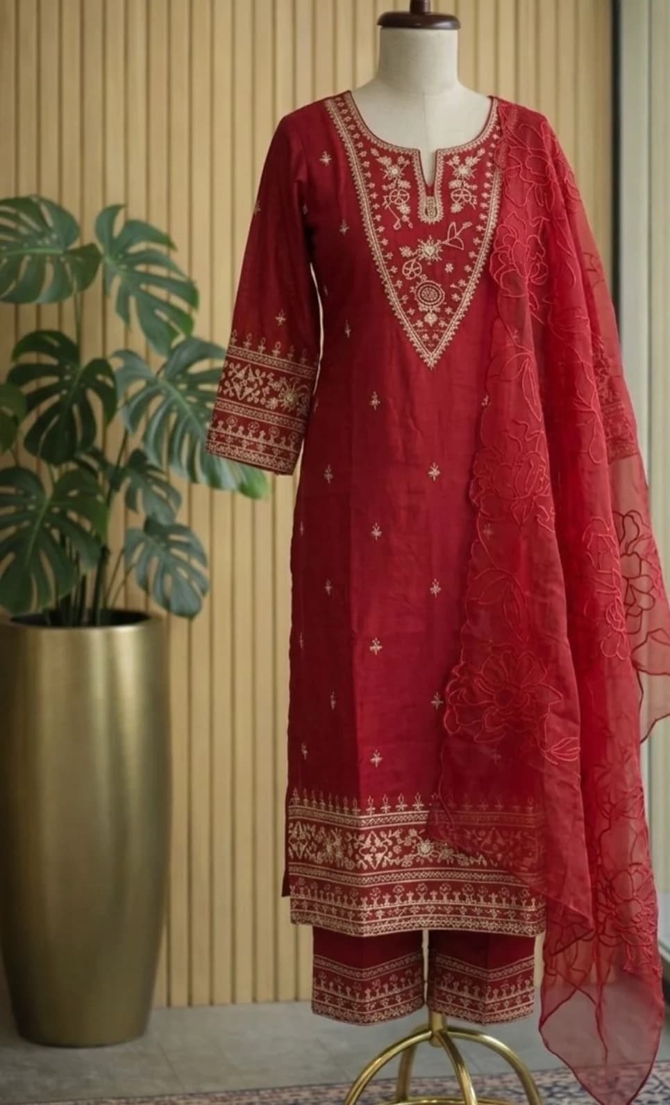 Red Embroidered Straight Suit
