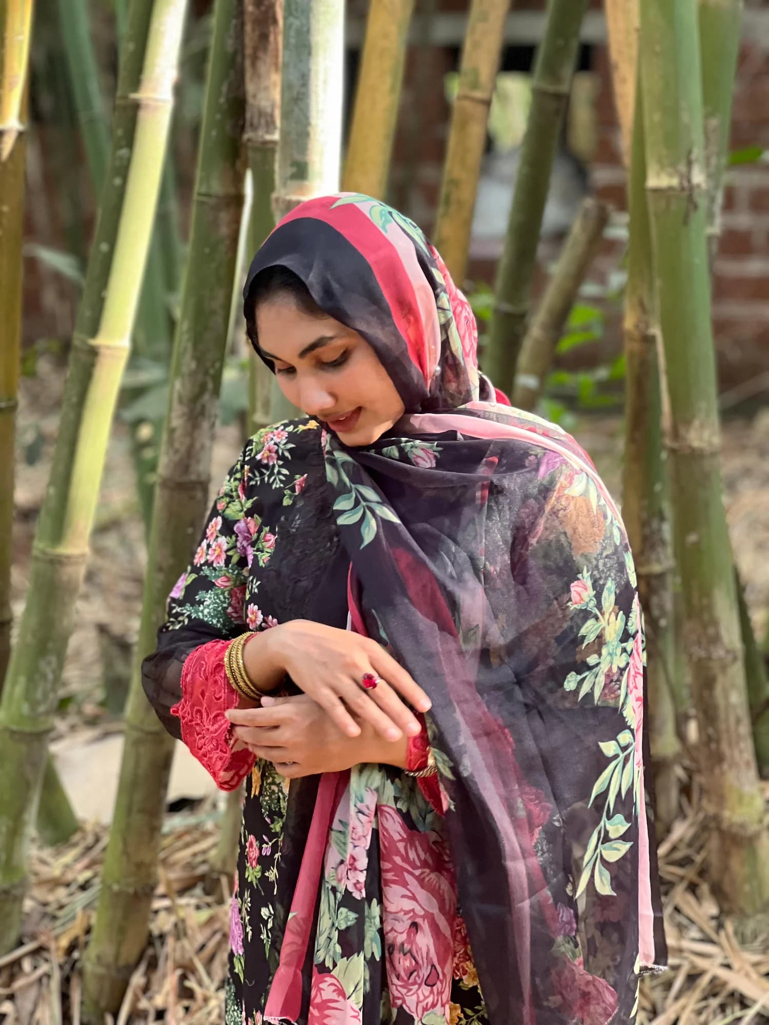 Black Floral Print Straight Suit