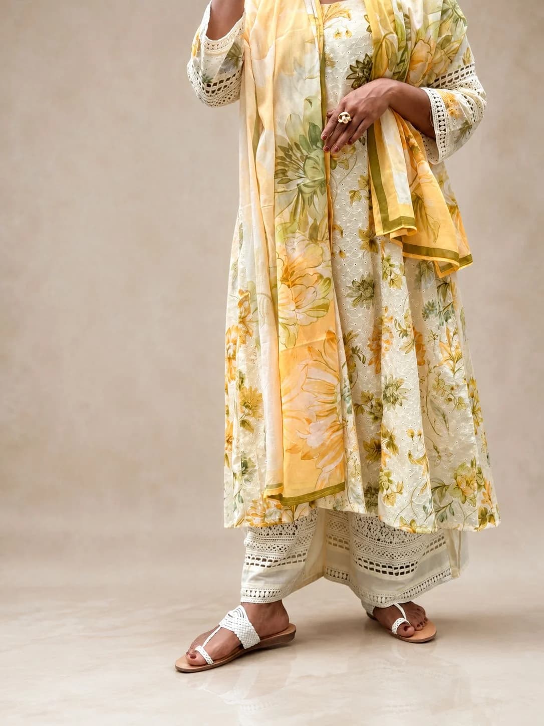 Ivory Hakoba Floral Anarkali Set