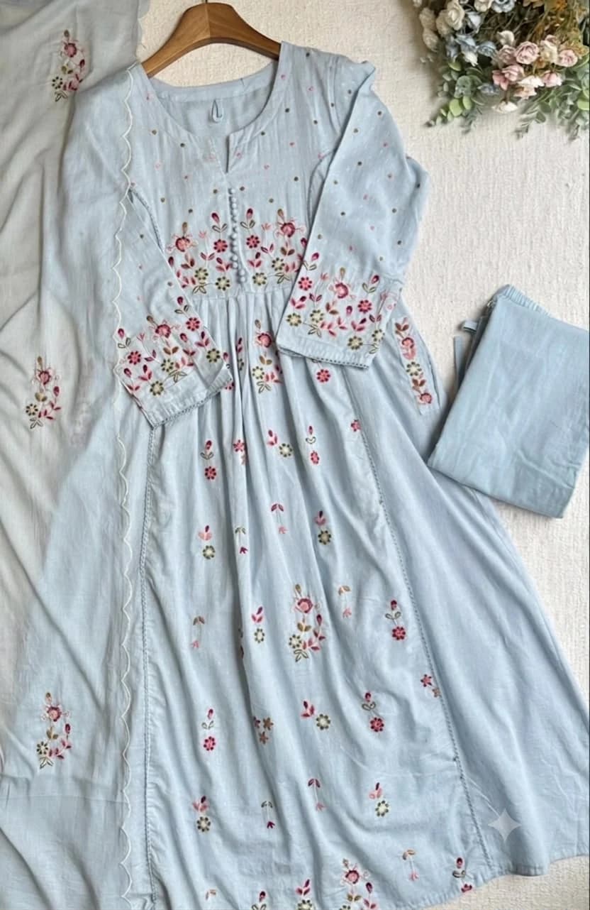Ice Blue Embroidered Cotton Anarkali