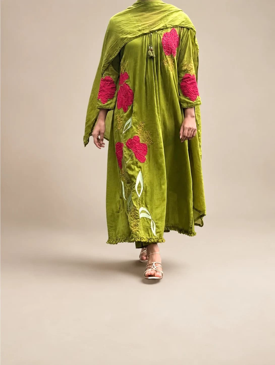 Olive Mul Cotton Embroidered Anarkali
