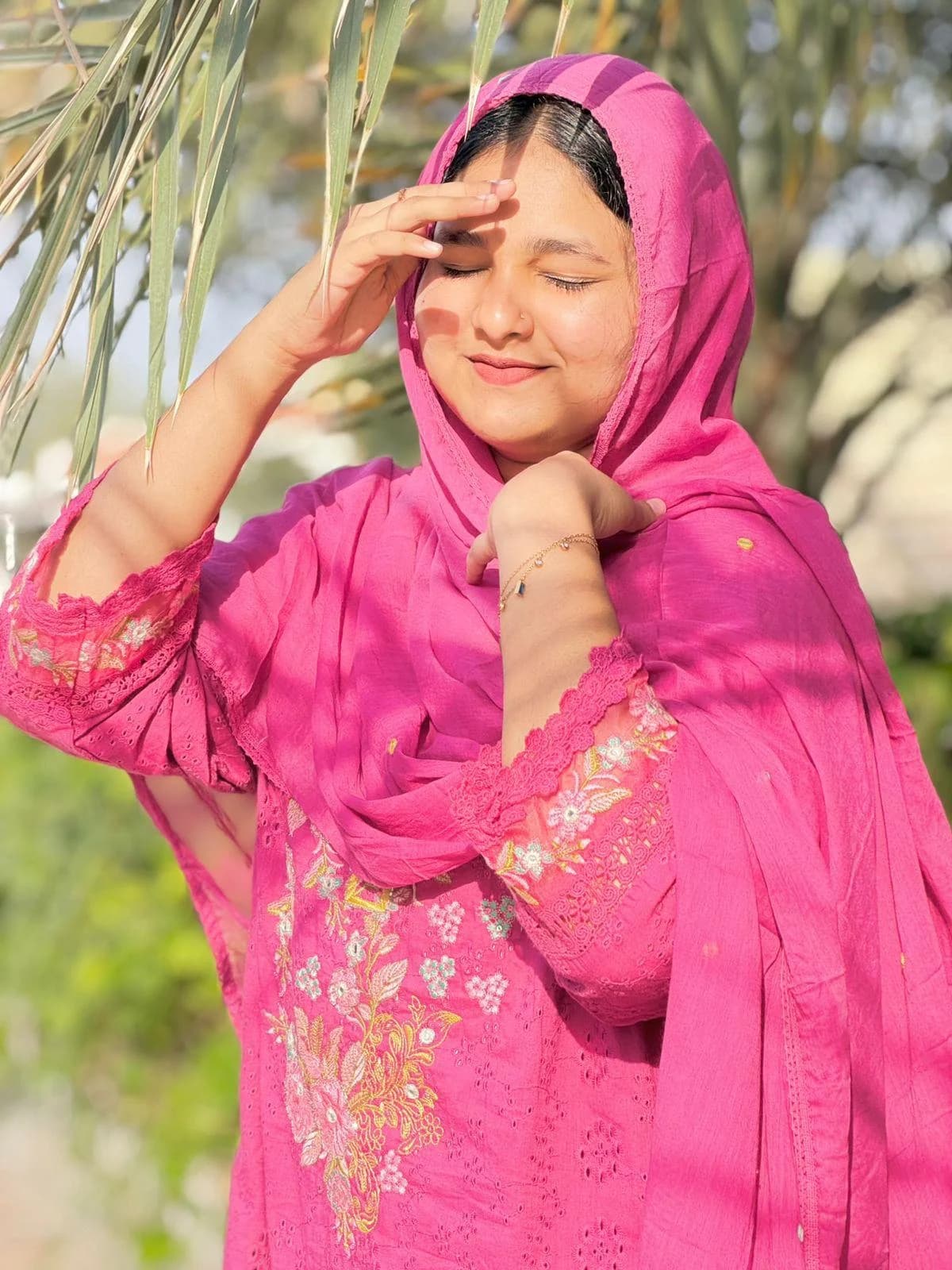 Pink Hakoba Cotton Plus-Size Straight Suit
