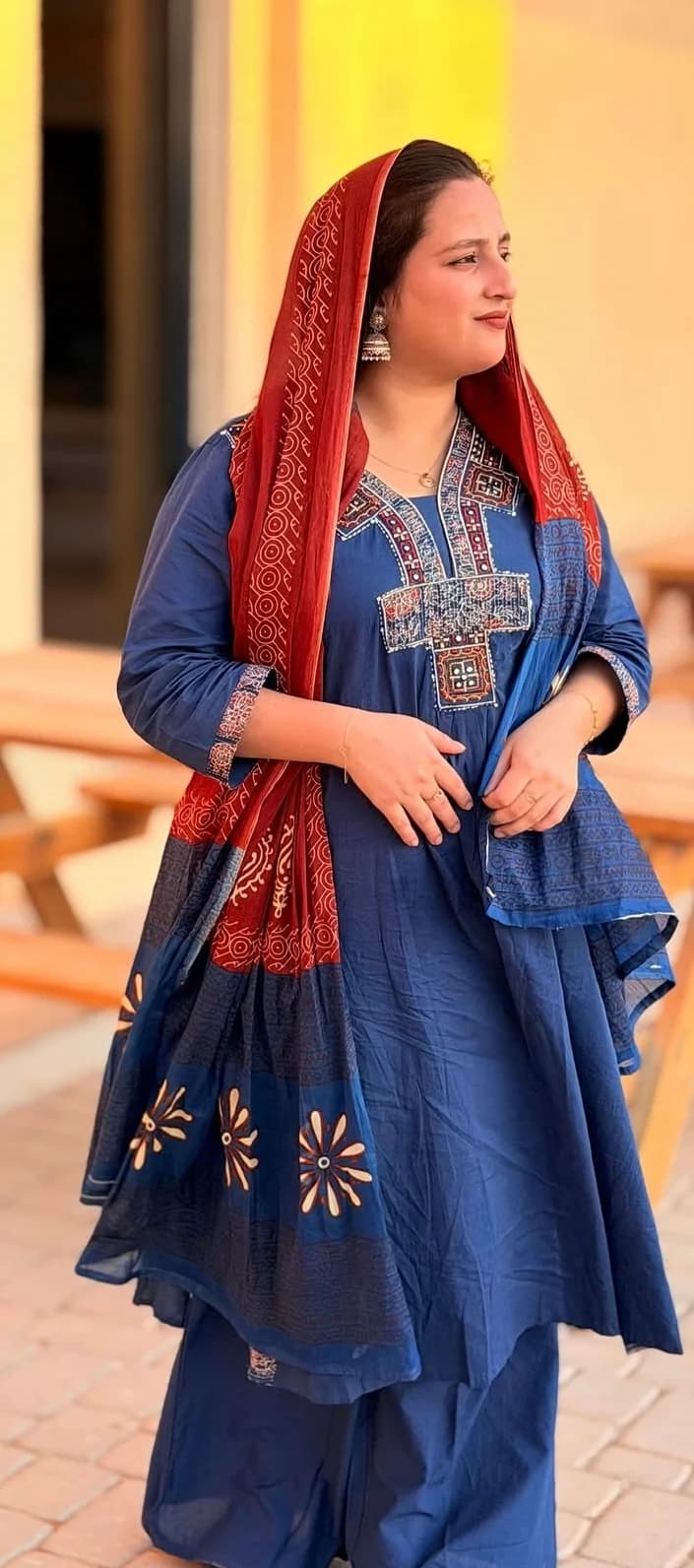 Blue Cotton Straight Suit with Red Dupatta