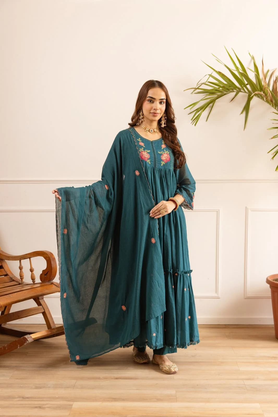 Teal Kota Doria Rose Anarkali