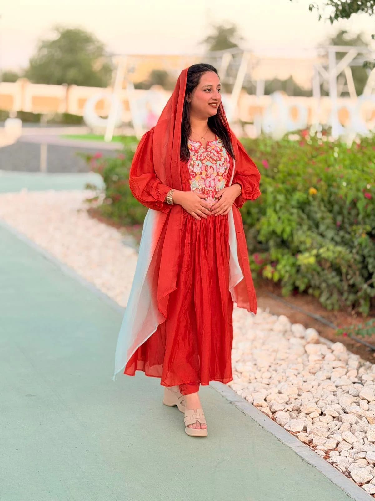 Red Gathered Anarkali with Contrast Dupatta