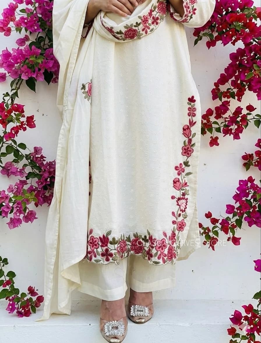 Ivory Floral Cotton Straight Suit