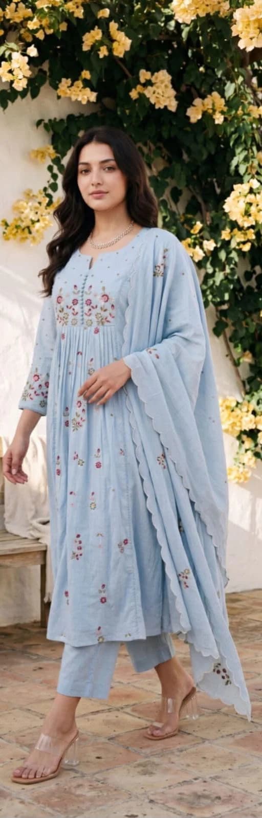 Ice Blue Embroidered Cotton Anarkali